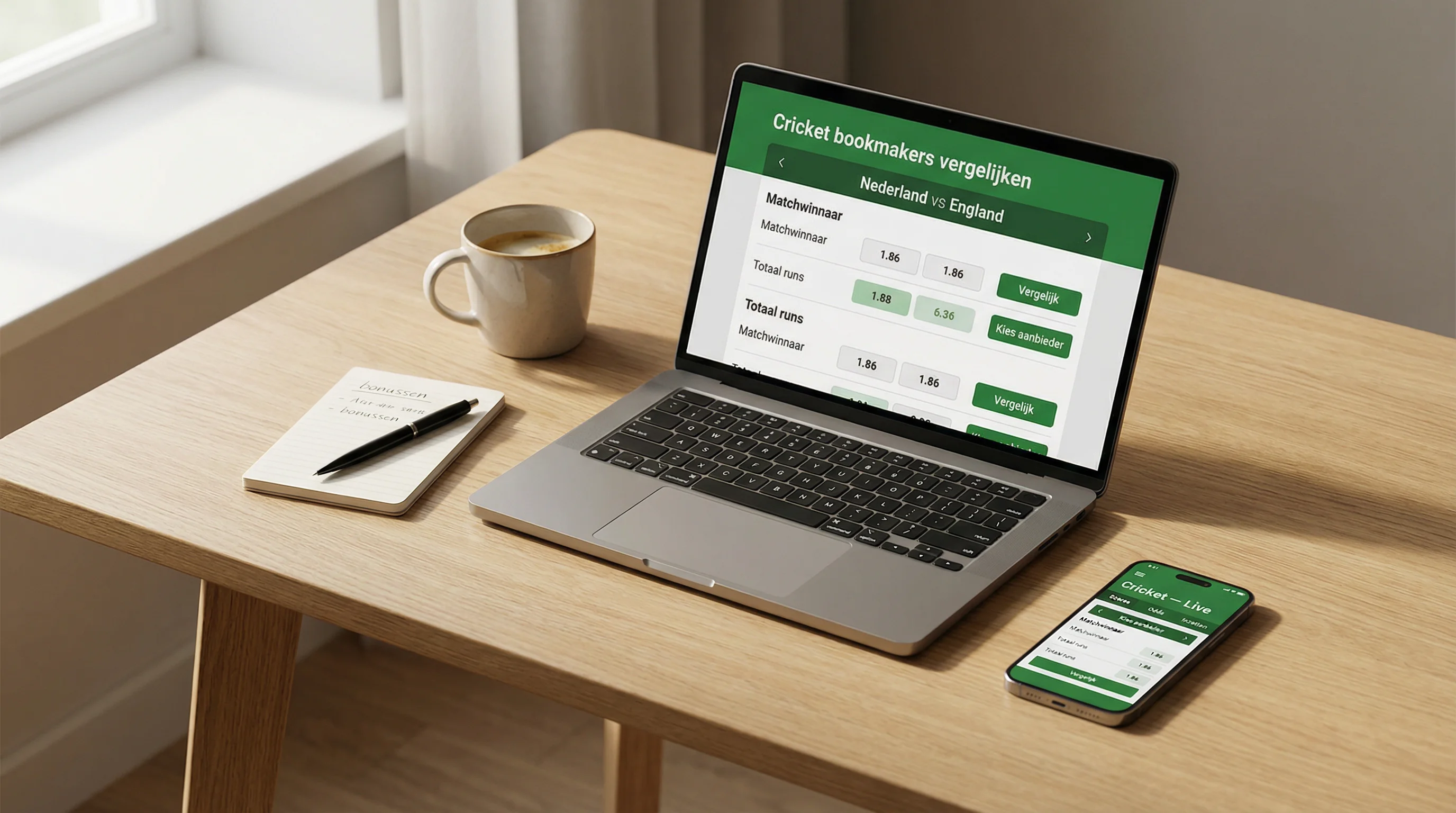Laptop met cricket weddenschappen interface en sportsbook op een bureau