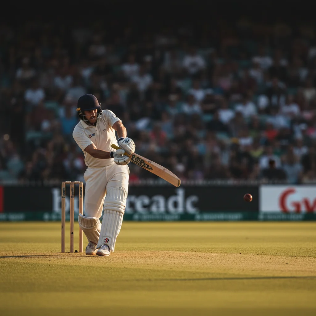 Cricket wedstrijdscene op een groen cricketveld met spelers in actie