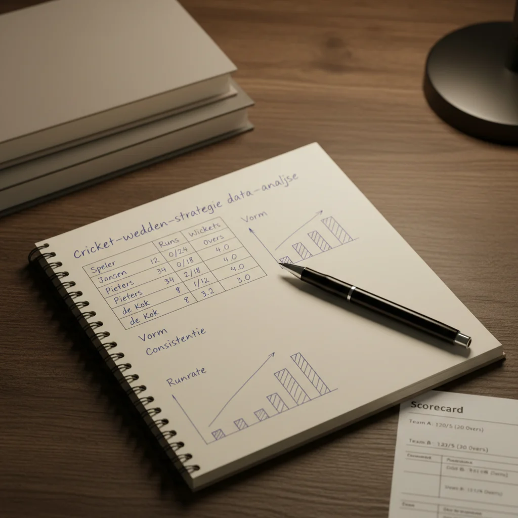 Notitieboek met cricket statistieken en een pen op een houten tafel