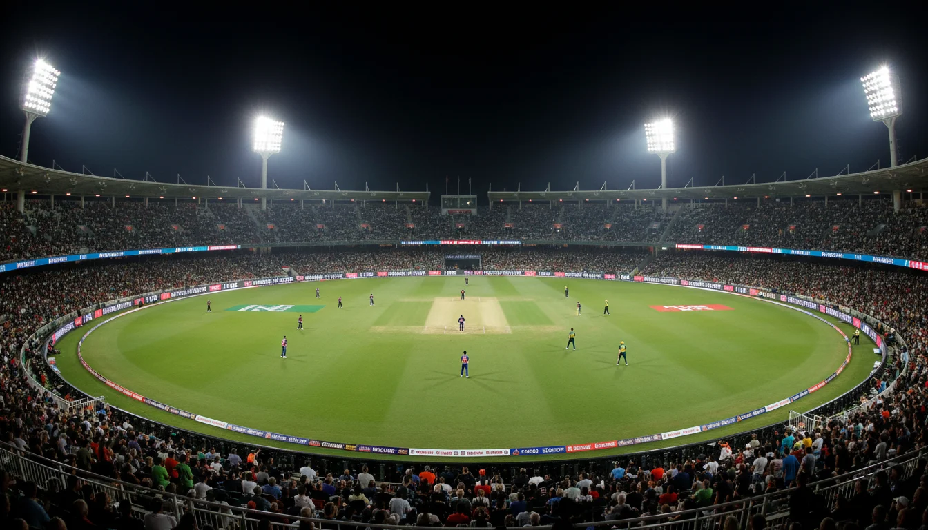 Cricket stadion met publiek tijdens een avondwedstrijd onder floodlights