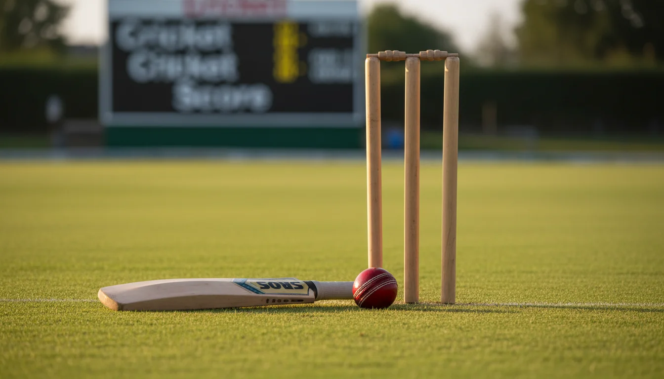 Cricketbat en bal op een pitch met scorebord op de achtergrond